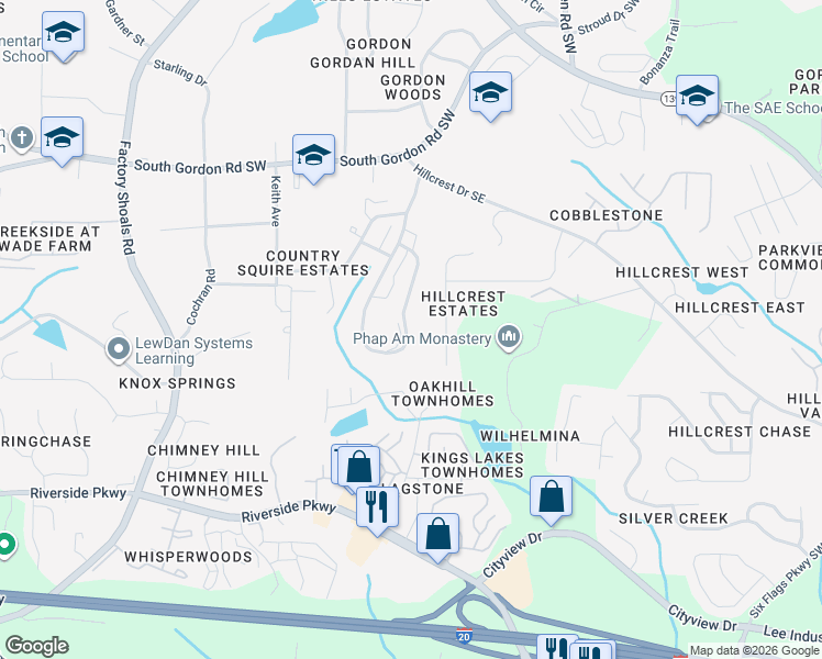map of restaurants, bars, coffee shops, grocery stores, and more near 7076 Shenandoah Trail in Austell