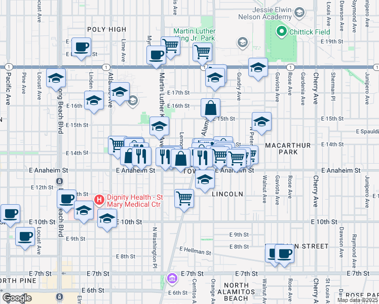 map of restaurants, bars, coffee shops, grocery stores, and more near 1150 East New York Street in Long Beach