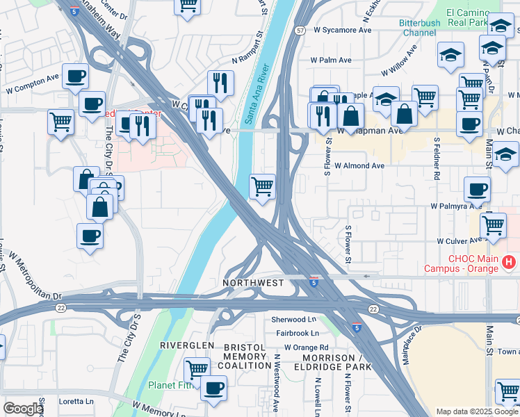 map of restaurants, bars, coffee shops, grocery stores, and more near 333 South Anita Drive in Orange