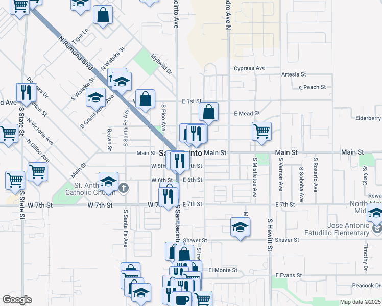 map of restaurants, bars, coffee shops, grocery stores, and more near East Main Street & South Sheriff Boulevard in San Jacinto