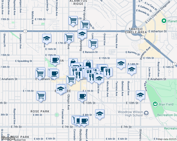map of restaurants, bars, coffee shops, grocery stores, and more near 1375 Loma Avenue in Long Beach