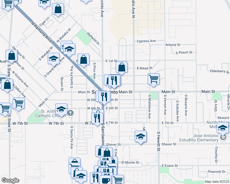 map of restaurants, bars, coffee shops, grocery stores, and more near 248 East Main Street in San Jacinto