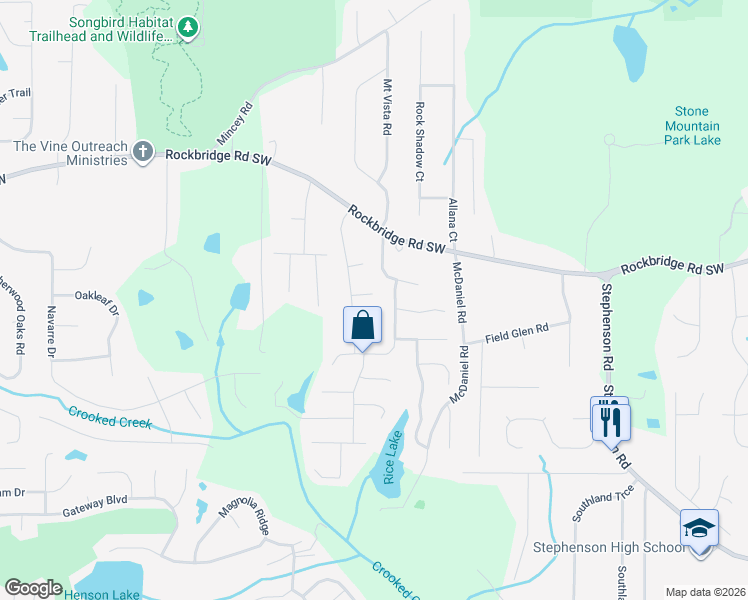 map of restaurants, bars, coffee shops, grocery stores, and more near 6123 Panellus Drive in Stone Mountain