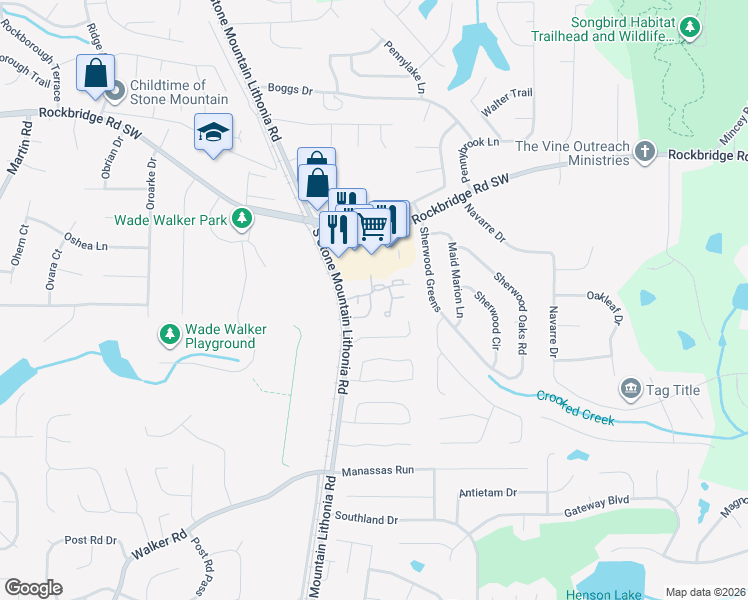 map of restaurants, bars, coffee shops, grocery stores, and more near 5727 Rockbridge Road Southwest in Stone Mountain
