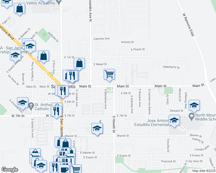 map of restaurants, bars, coffee shops, grocery stores, and more near 510 East 3rd Street in San Jacinto