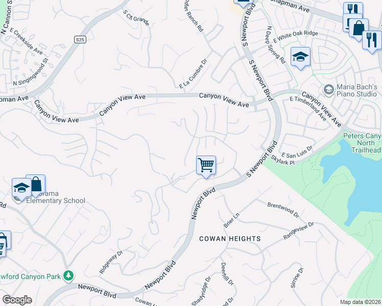 map of restaurants, bars, coffee shops, grocery stores, and more near 9892 Sunderland Street in Santa Ana