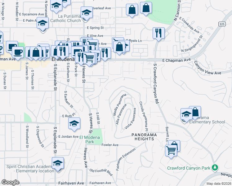 map of restaurants, bars, coffee shops, grocery stores, and more near 12328 Circula Panorama Place in Santa Ana