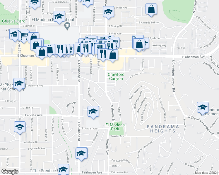map of restaurants, bars, coffee shops, grocery stores, and more near 4505 East Philo Avenue in Orange