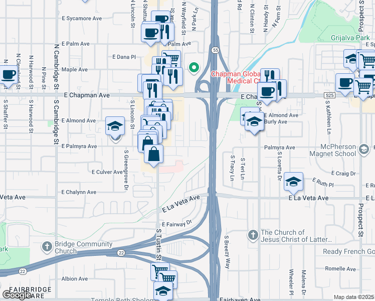 map of restaurants, bars, coffee shops, grocery stores, and more near 2001 East Palmyra Avenue in Orange