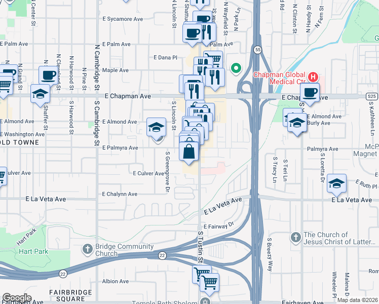 map of restaurants, bars, coffee shops, grocery stores, and more near 1545 East Palmyra Avenue in Orange