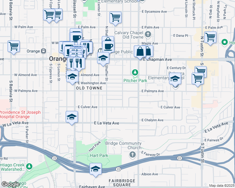 map of restaurants, bars, coffee shops, grocery stores, and more near 605 East Palmyra Avenue in Orange