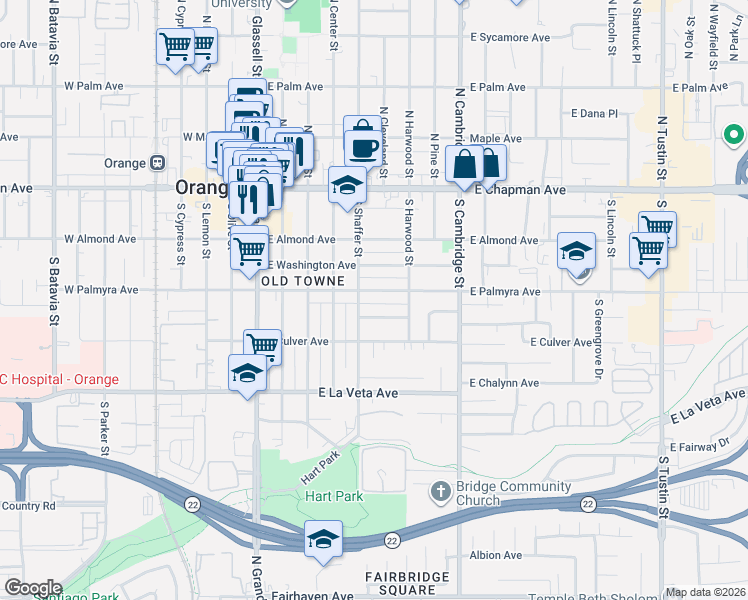 map of restaurants, bars, coffee shops, grocery stores, and more near 605 East Palmyra Avenue in Orange