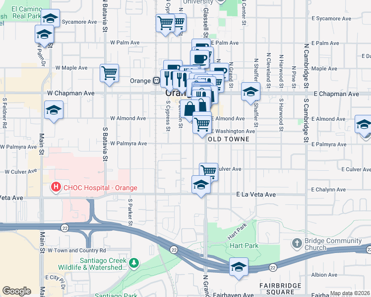 map of restaurants, bars, coffee shops, grocery stores, and more near 231 West Palmyra Avenue in Orange