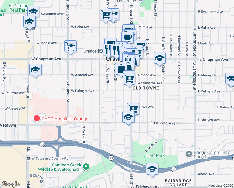 map of restaurants, bars, coffee shops, grocery stores, and more near 231 West Palmyra Avenue in Orange