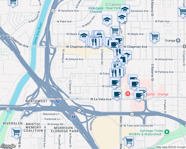 map of restaurants, bars, coffee shops, grocery stores, and more near 273 South La Linda Drive in Orange