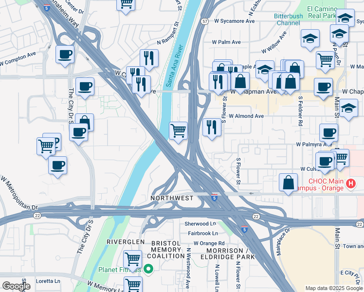 map of restaurants, bars, coffee shops, grocery stores, and more near 265 South Anita Drive in Orange