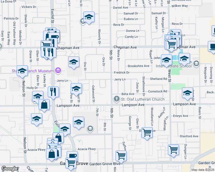map of restaurants, bars, coffee shops, grocery stores, and more near 12282 Betty Lane in Garden Grove