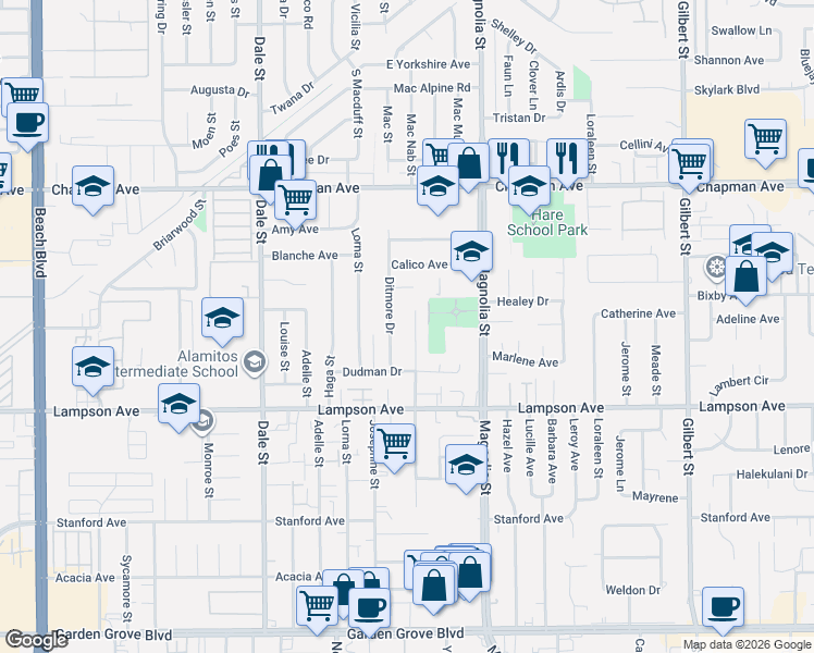 map of restaurants, bars, coffee shops, grocery stores, and more near 12252 Pentagon Street in Garden Grove