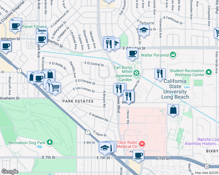 map of restaurants, bars, coffee shops, grocery stores, and more near 5621 East El Parque Street in Long Beach