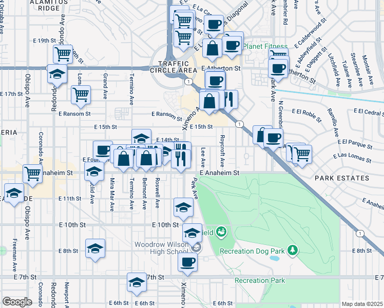 map of restaurants, bars, coffee shops, grocery stores, and more near 1375 Ximeno Avenue in Long Beach