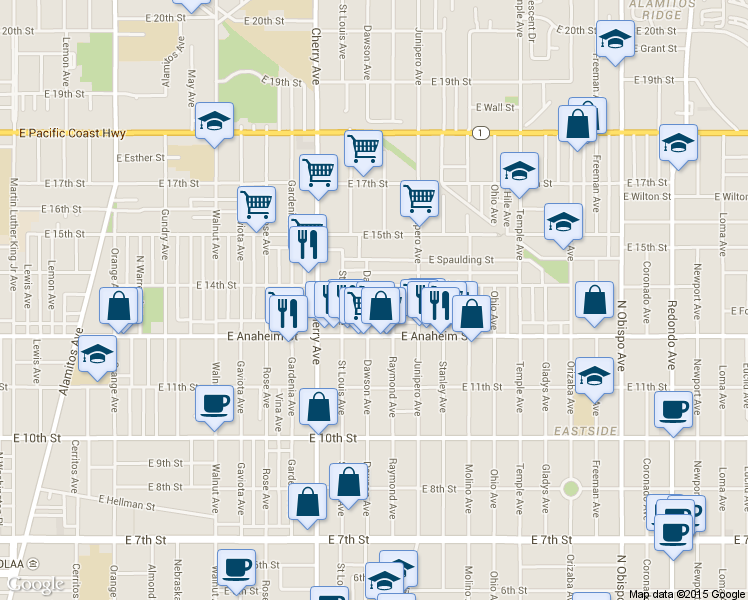 map of restaurants, bars, coffee shops, grocery stores, and more near 2205 East 14th Street in Long Beach