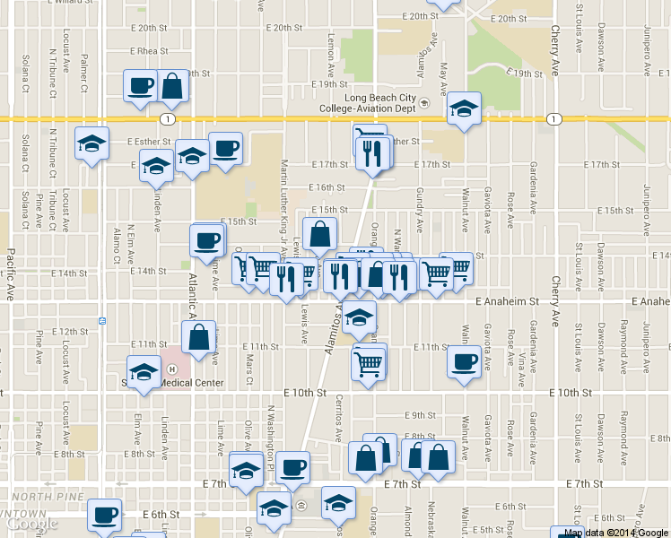 map of restaurants, bars, coffee shops, grocery stores, and more near in Long Beach