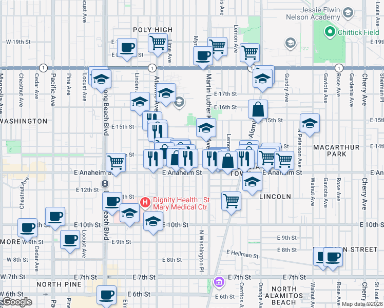 map of restaurants, bars, coffee shops, grocery stores, and more near 1451 Myrtle Avenue in Long Beach