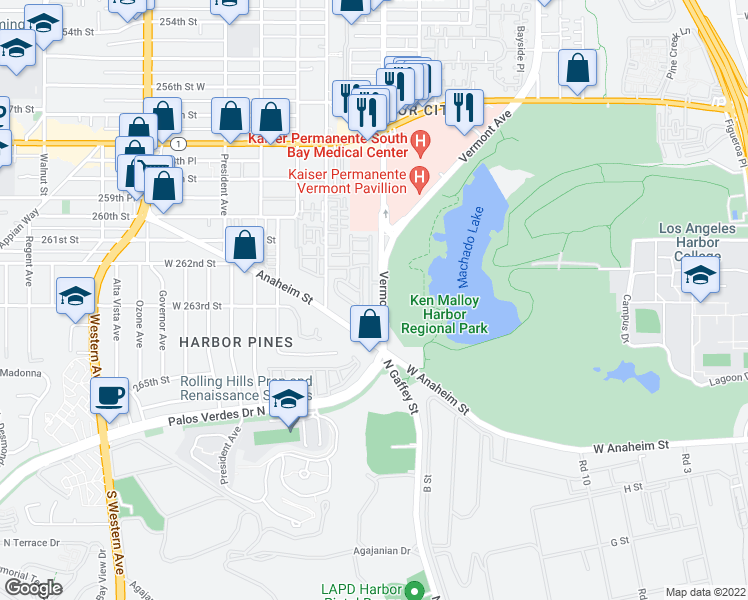 map of restaurants, bars, coffee shops, grocery stores, and more near 25975 Normandie Avenue in Los Angeles