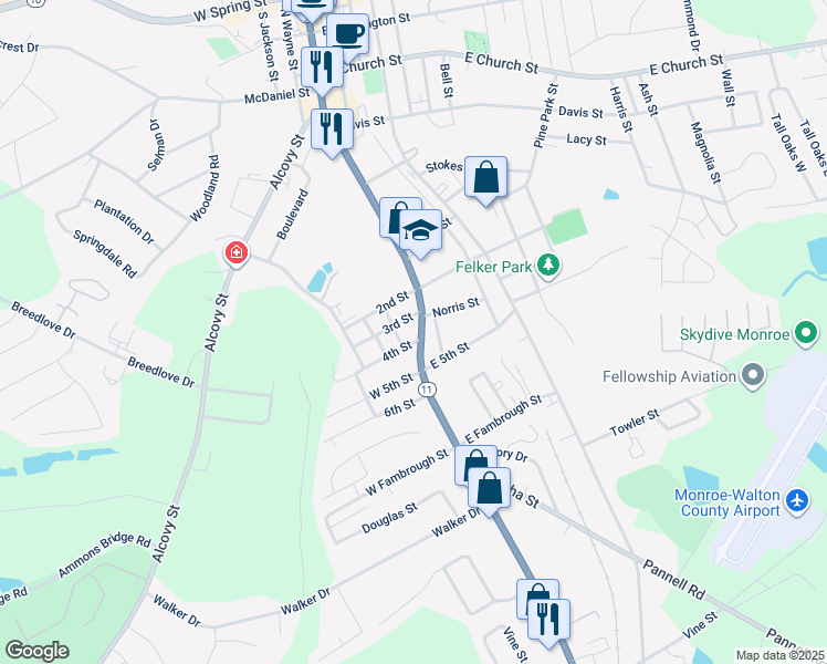 map of restaurants, bars, coffee shops, grocery stores, and more near 808 South Broad Street in Monroe