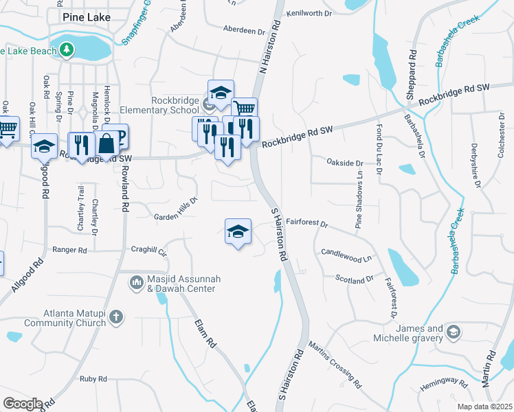map of restaurants, bars, coffee shops, grocery stores, and more near 179 Walter Way in Stone Mountain