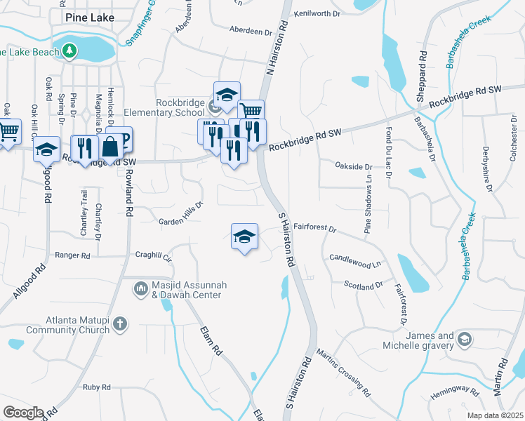 map of restaurants, bars, coffee shops, grocery stores, and more near 179 Walter Way in Stone Mountain