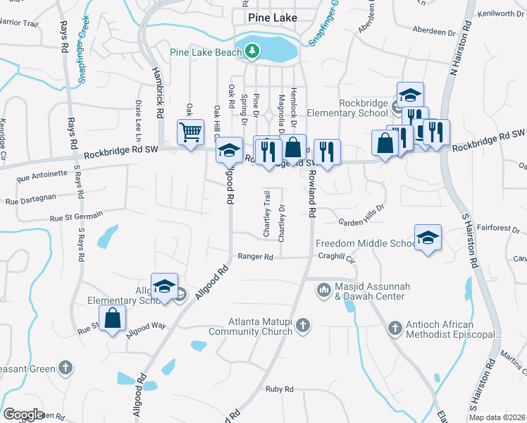 map of restaurants, bars, coffee shops, grocery stores, and more near 443 Chartley Trail in Stone Mountain