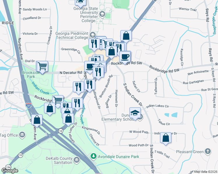 map of restaurants, bars, coffee shops, grocery stores, and more near 3867 Bretton Woods Road in Decatur