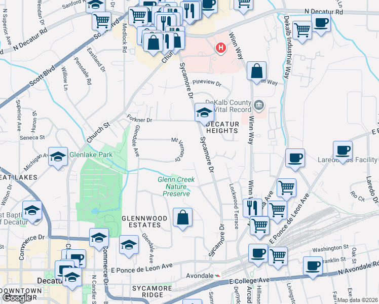map of restaurants, bars, coffee shops, grocery stores, and more near 209 Mount Vernon Drive in Decatur