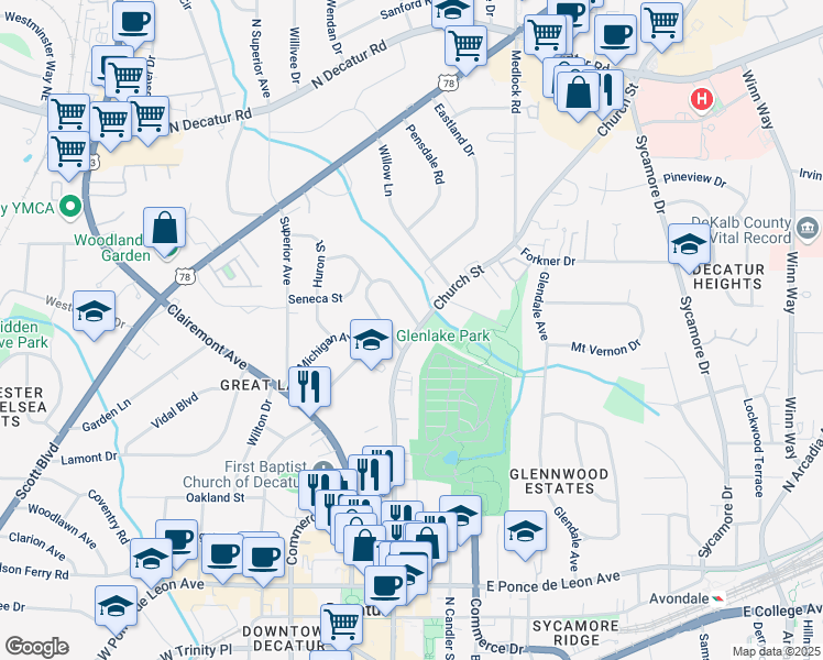 map of restaurants, bars, coffee shops, grocery stores, and more near 223 Lucerne Street in Decatur