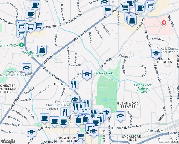 map of restaurants, bars, coffee shops, grocery stores, and more near 132 Geneva Street in Decatur