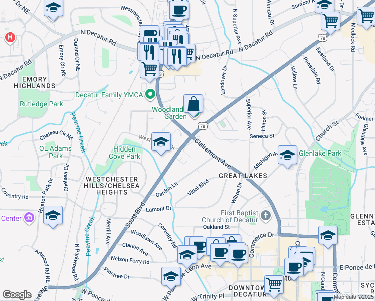 map of restaurants, bars, coffee shops, grocery stores, and more near in Decatur
