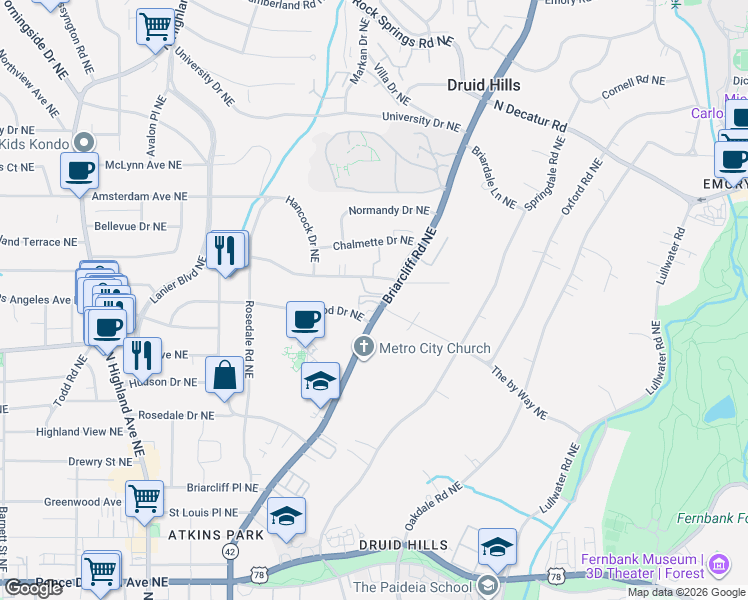 map of restaurants, bars, coffee shops, grocery stores, and more near 1335 Briarwood Drive Northeast in Atlanta