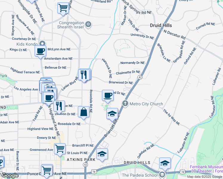 map of restaurants, bars, coffee shops, grocery stores, and more near 1307 Briarwood Drive Northeast in Atlanta