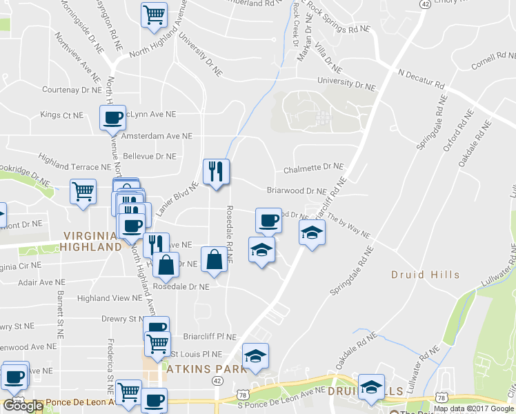 map of restaurants, bars, coffee shops, grocery stores, and more near 1251 Briarwood Drive Northeast in Atlanta