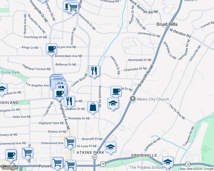 map of restaurants, bars, coffee shops, grocery stores, and more near 1251 Briarwood Drive Northeast in Atlanta