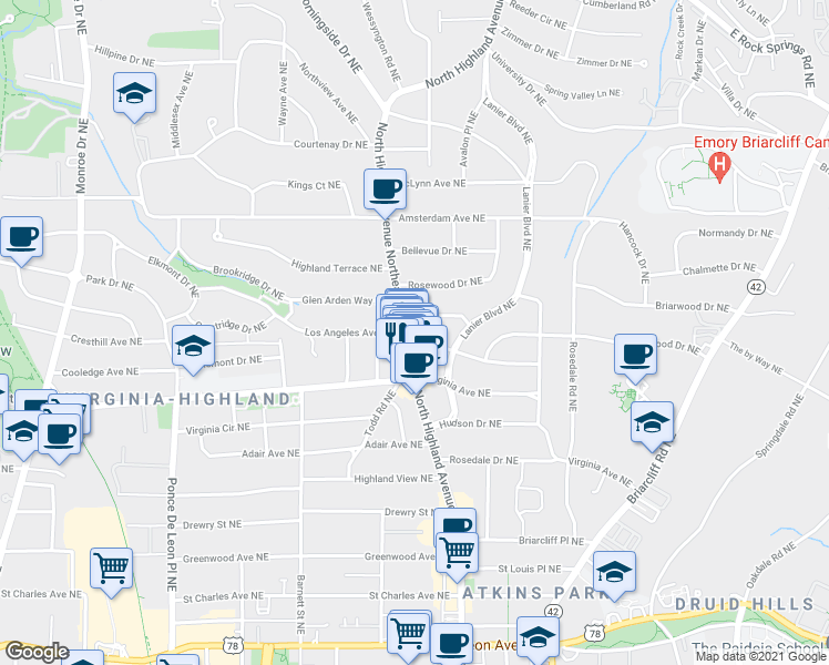 map of restaurants, bars, coffee shops, grocery stores, and more near 1016 Kentucky Avenue Northeast in Atlanta