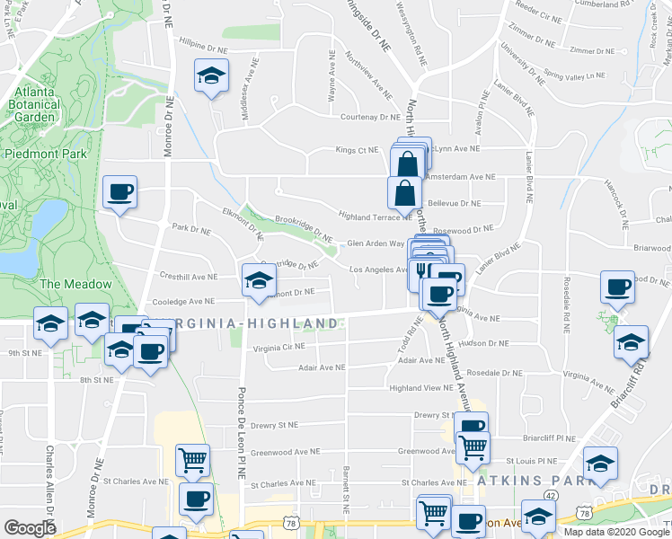 map of restaurants, bars, coffee shops, grocery stores, and more near 879 Glen Arden Way Northeast in Atlanta