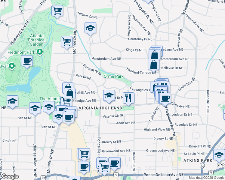 map of restaurants, bars, coffee shops, grocery stores, and more near 784 Crestridge Drive Northeast in Atlanta