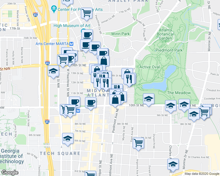 map of restaurants, bars, coffee shops, grocery stores, and more near 202 12th Street Northeast in Atlanta