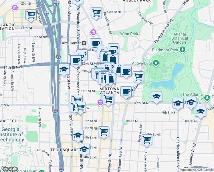 map of restaurants, bars, coffee shops, grocery stores, and more near 1074 Peachtree Walk Northeast in Atlanta