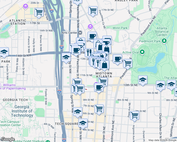 map of restaurants, bars, coffee shops, grocery stores, and more near 72 12th Street Northeast in Atlanta