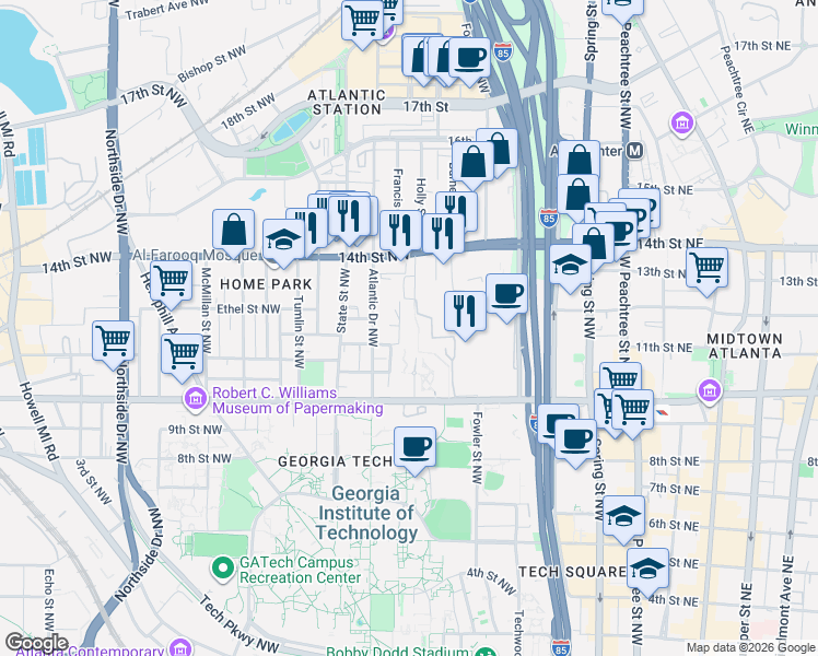 map of restaurants, bars, coffee shops, grocery stores, and more near 1100 Holly Street Northwest in Atlanta