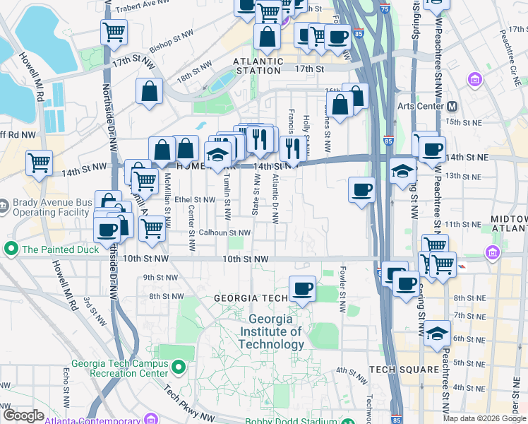 map of restaurants, bars, coffee shops, grocery stores, and more near 1090 State Street Northwest in Atlanta
