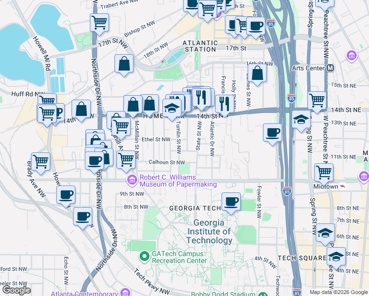 map of restaurants, bars, coffee shops, grocery stores, and more near 1085 Tumlin Street Northwest in Atlanta